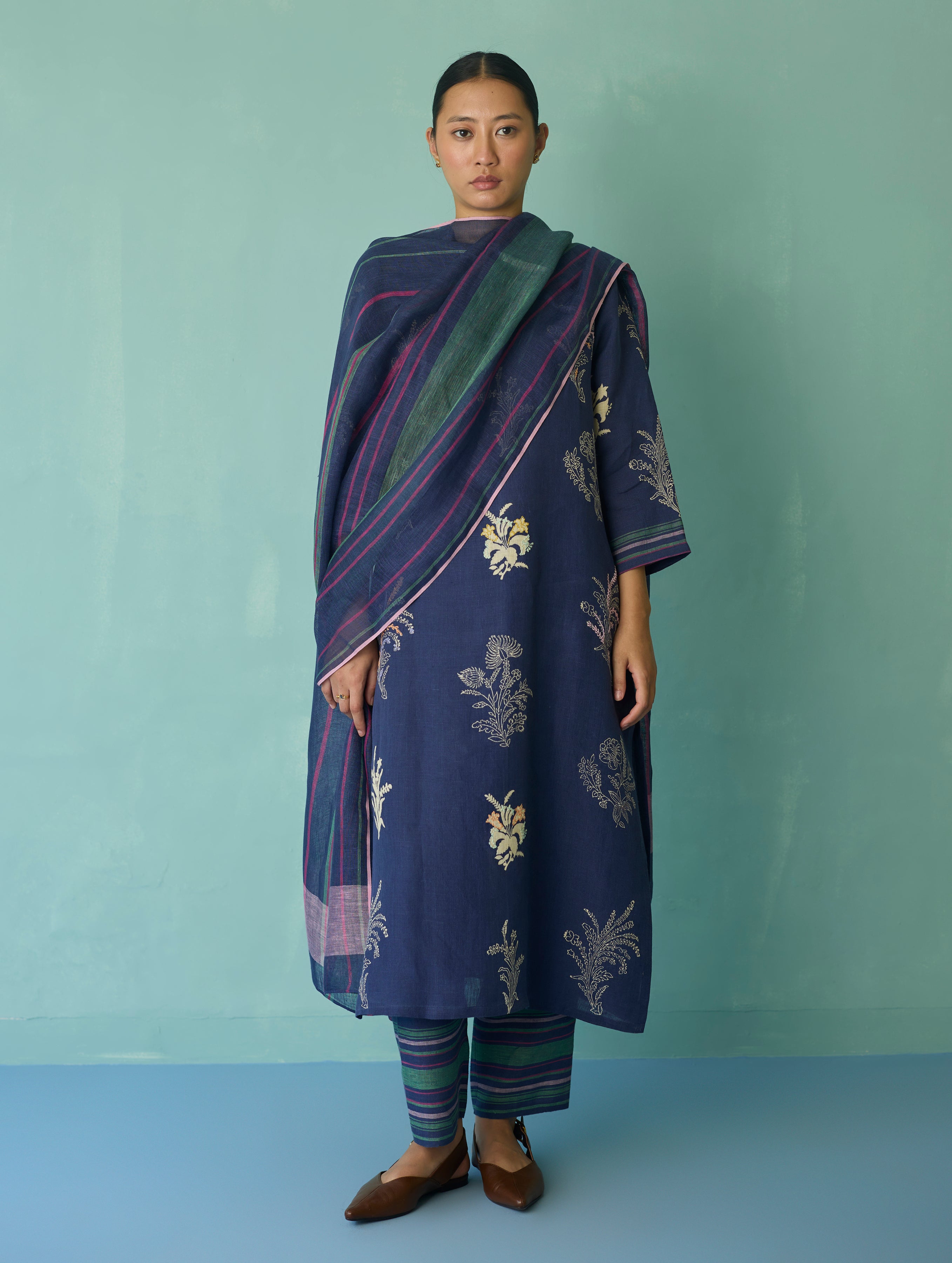 Zura Floral Block Printed Embroidered Kurta Set - Indigo