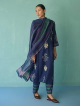 Zura Floral Block Printed Embroidered Kurta Set - Indigo