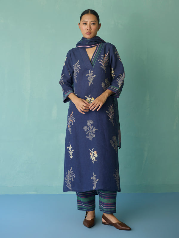Zura Floral Block Printed Embroidered Kurta Set - Indigo