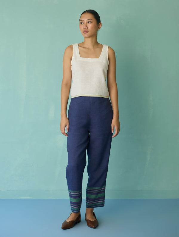 Ines Border Linen Tapered Pants - Indigo