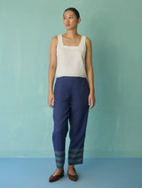Ines Border Linen Tapered Pants - Indigo