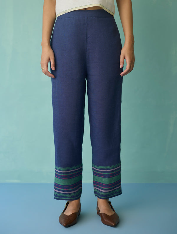 Ines Border Linen Tapered Pants - Indigo