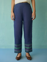 Ines Border Linen Tapered Pants - Indigo