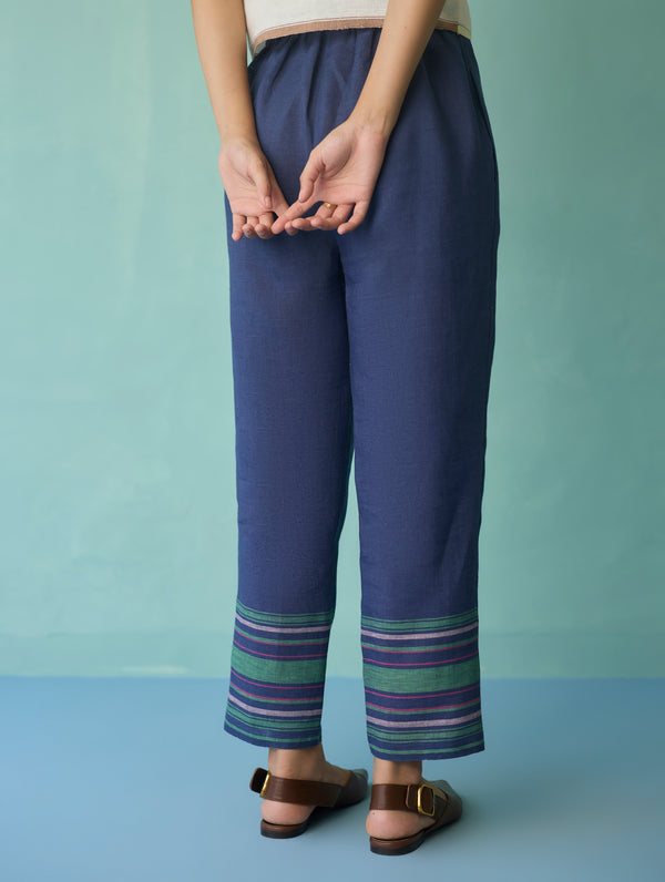 Ines Border Linen Tapered Pants - Indigo