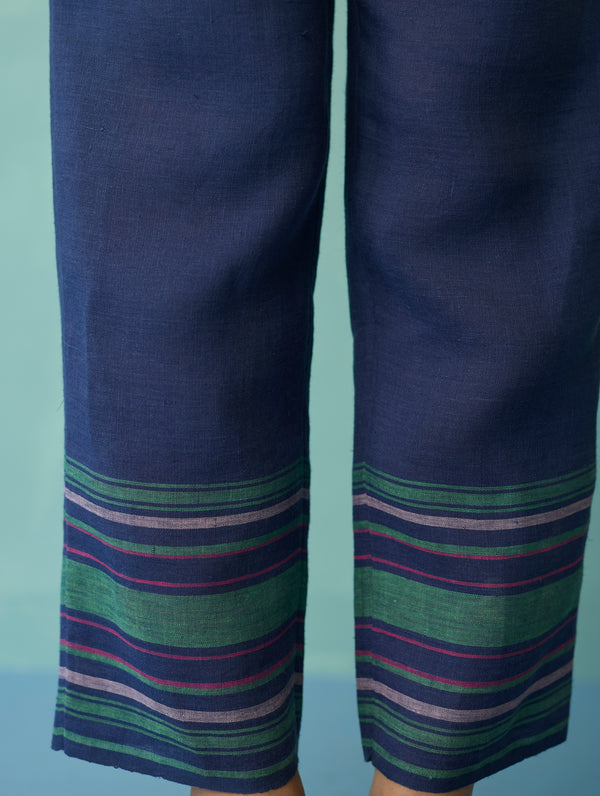 Ines Border Linen Tapered Pants - Indigo