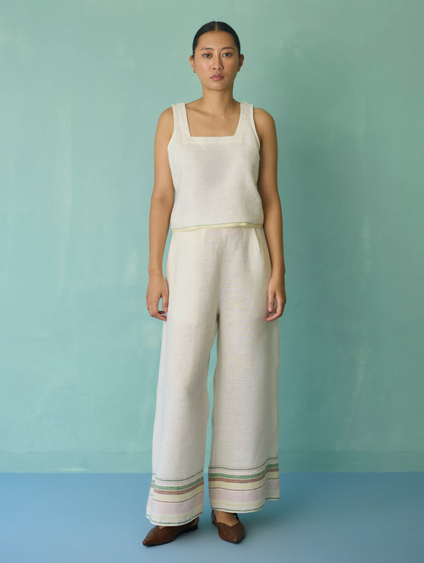 Alina Border Linen Pants - Ivory