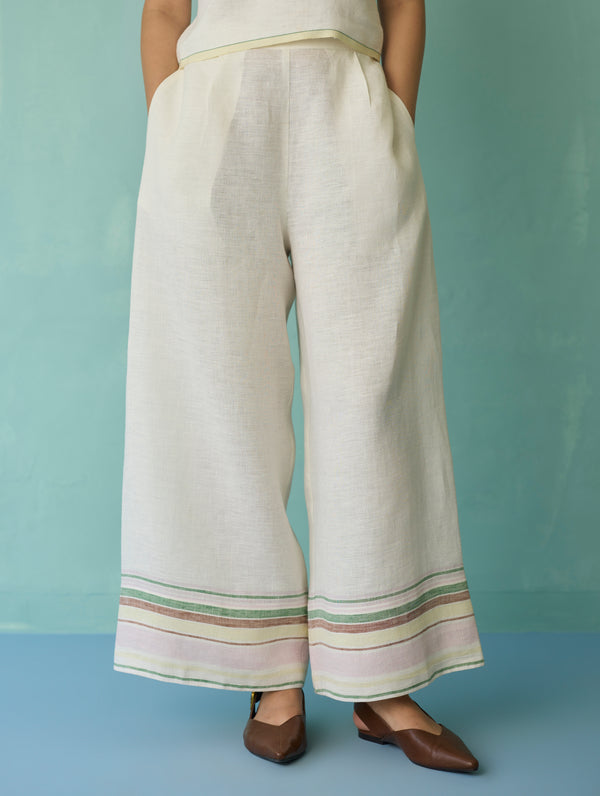 Alina Border Linen Pants - Ivory