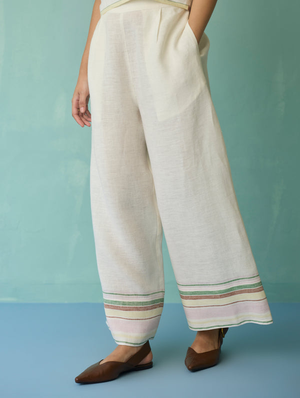 Alina Border Linen Pants - Ivory