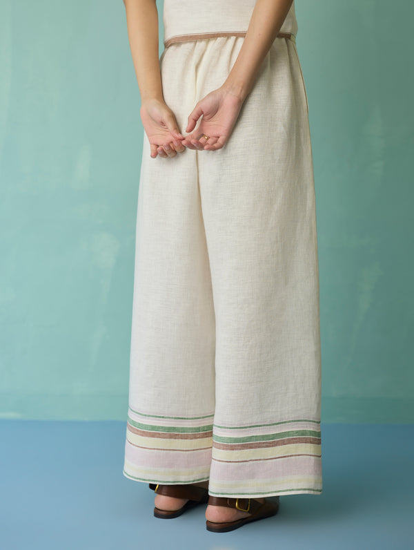 Alina Border Linen Pants - Ivory