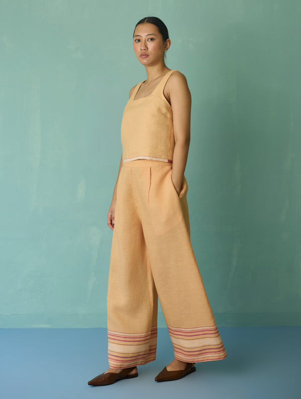 Alina Border Linen Pants - Apricot