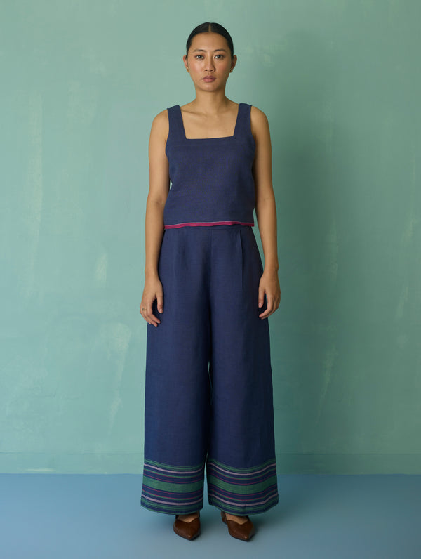 Alina Border Linen Pants - Indigo