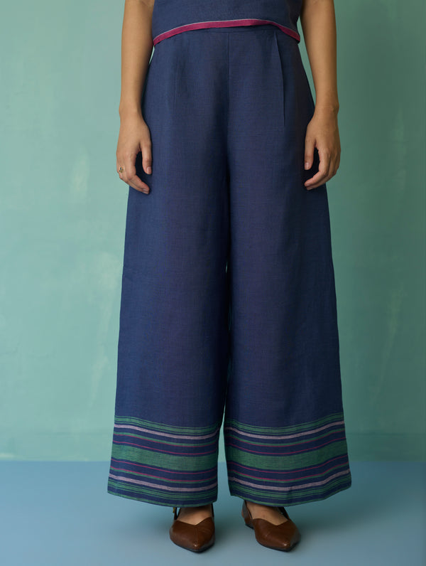 Alina Border Linen Pants - Indigo