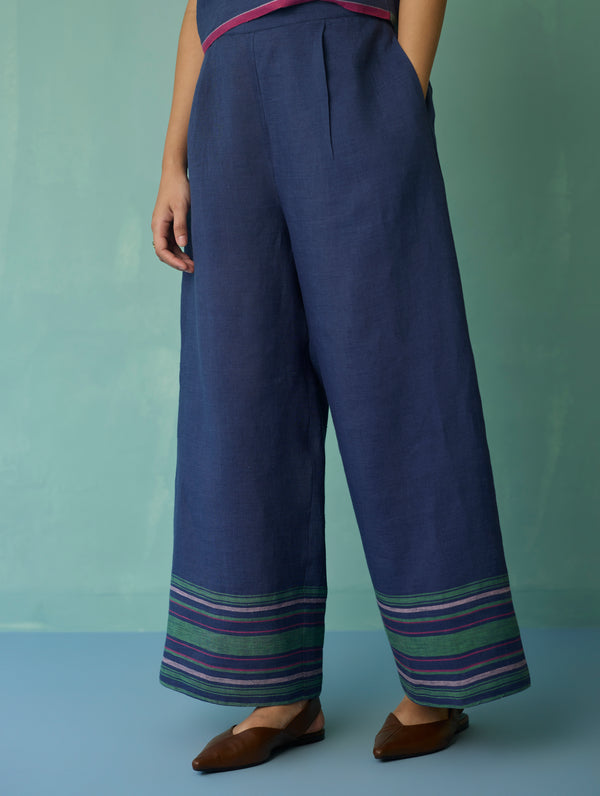 Alina Border Linen Pants - Indigo