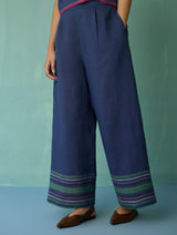 Xora Border Linen Cap-Sleeve Co-ord Set - Indigo
