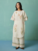 Nami Floral Block-Printed Curved Hem Kurta Set - Ivory
