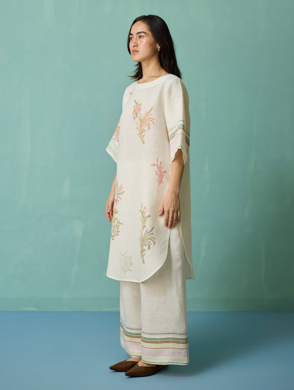 Nami Floral Block-Printed Curved Hem Kurta - Ivory