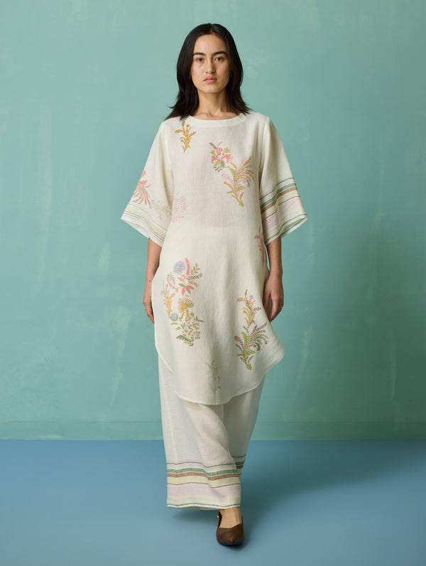Nami Floral Block-Printed Curved Hem Kurta - Ivory