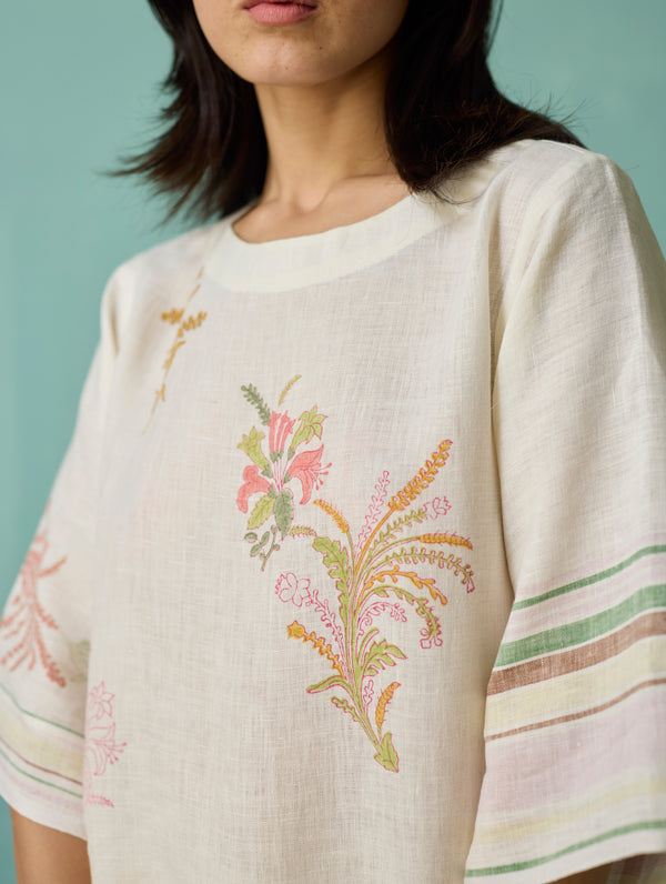 Nami Floral Block-Printed Curved Hem Kurta - Ivory