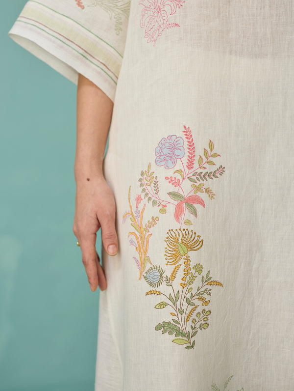 Nami Floral Block-Printed Curved Hem Kurta Set - Ivory