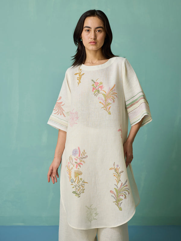 Nami Floral Block-Printed Curved Hem Kurta - Ivory