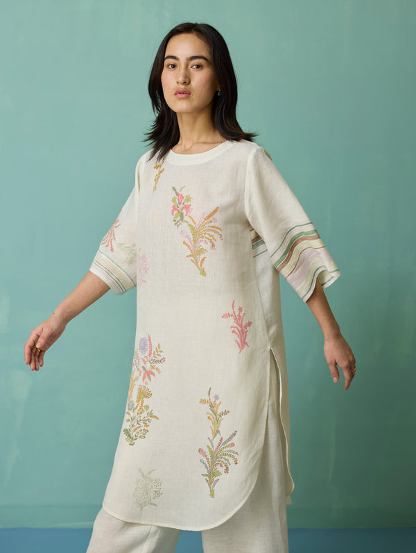 Nami Floral Block-Printed Curved Hem Kurta - Ivory