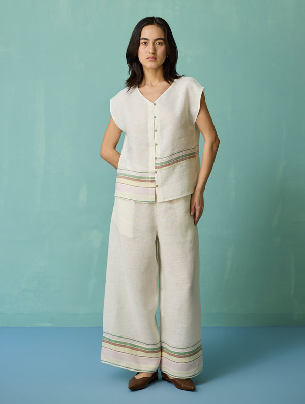 Xora Border Linen Cap-Sleeve Co-ord Set - Ivory