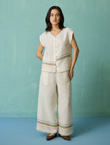 Xora Border Linen Cap-Sleeve Top - Ivory