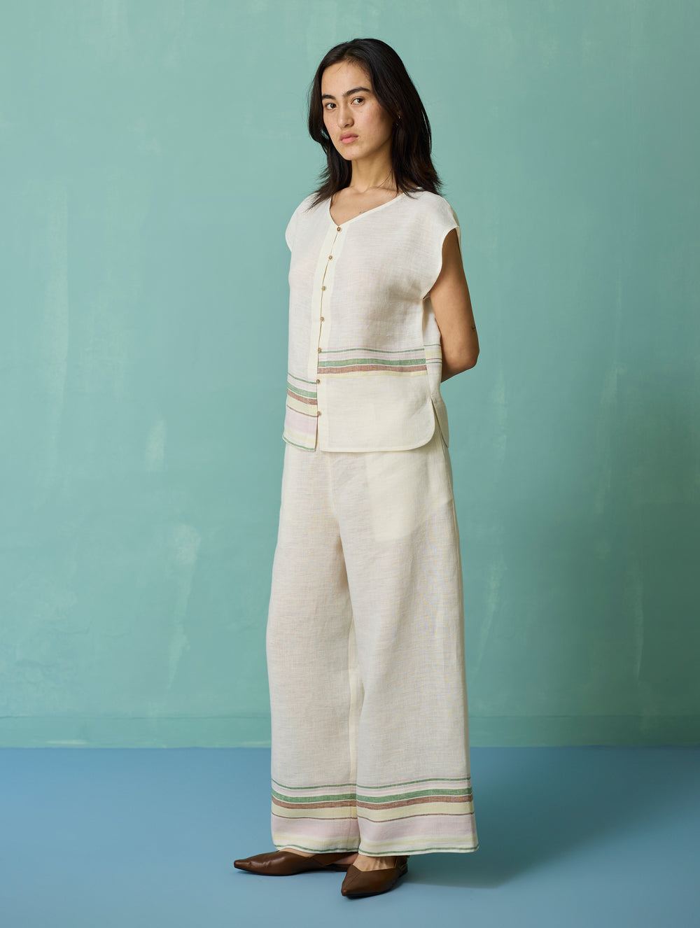 Xora Border Linen Cap-Sleeve Top - Ivory