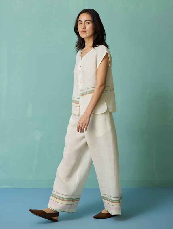 Xora Border Linen Cap-Sleeve Co-ord Set - Ivory