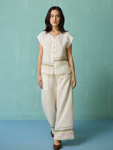 Xora Border Linen Cap-Sleeve Co-ord Set - Ivory