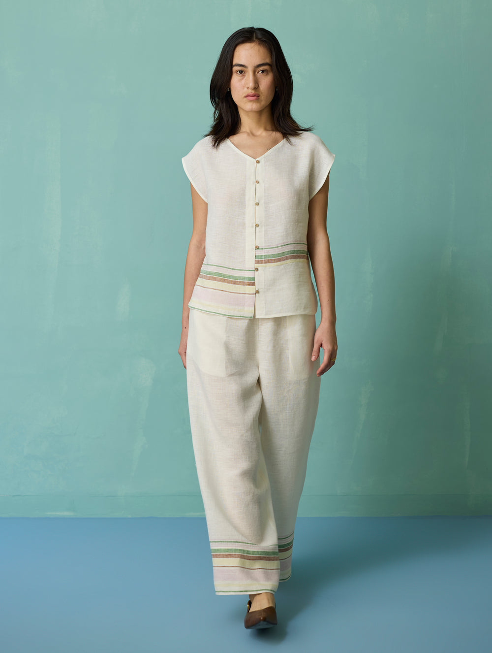 Xora Border Linen Cap-Sleeve Top - Ivory