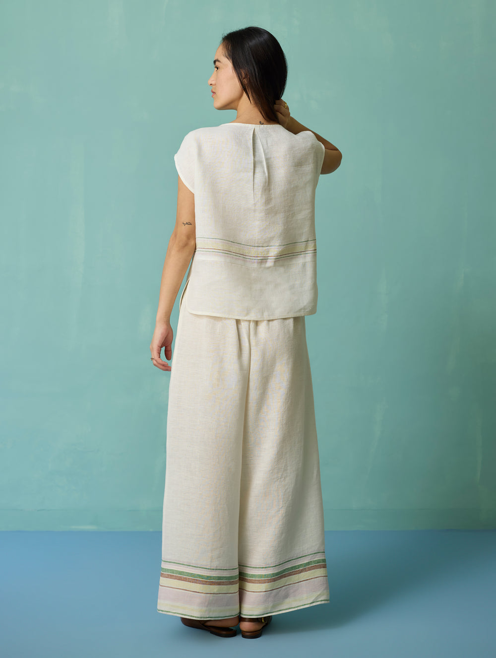 Xora Border Linen Cap-Sleeve Top - Ivory