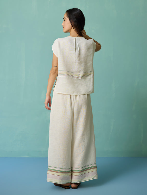 Xora Border Linen Cap-Sleeve Top - Ivory