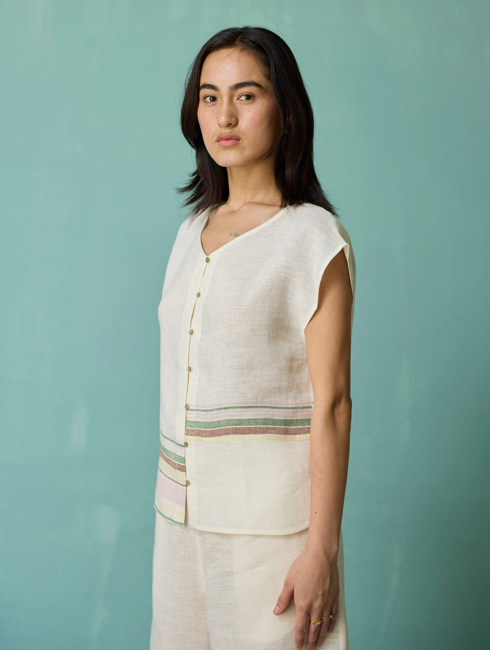 Xora Border Linen Cap-Sleeve Top - Ivory