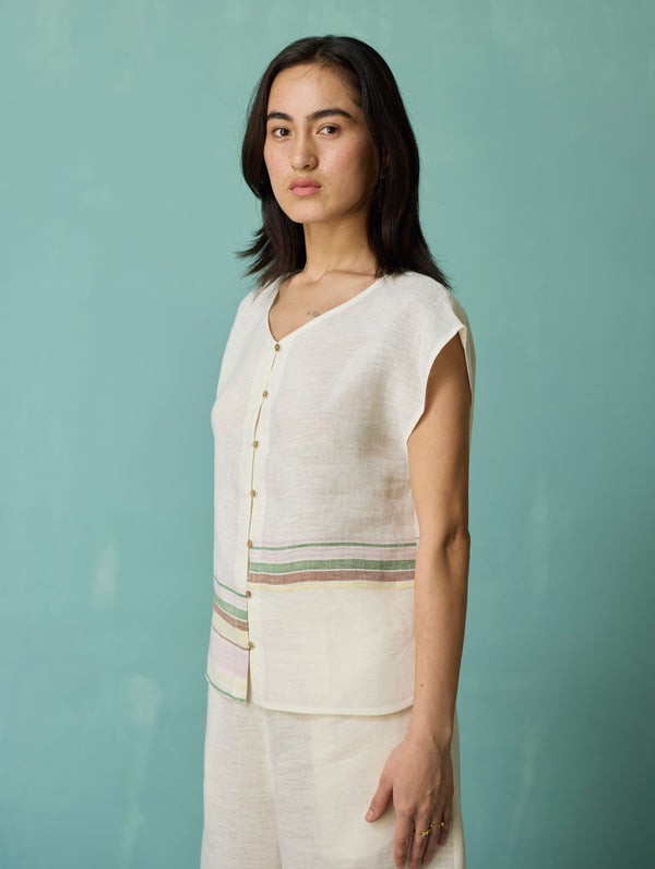Xora Border Linen Cap-Sleeve Top - Ivory