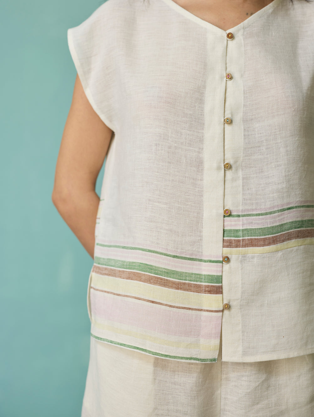 Xora Border Linen Cap-Sleeve Top - Ivory