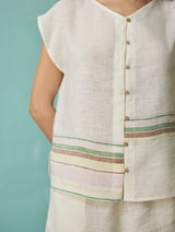 Xora Border Linen Cap-Sleeve Top - Ivory
