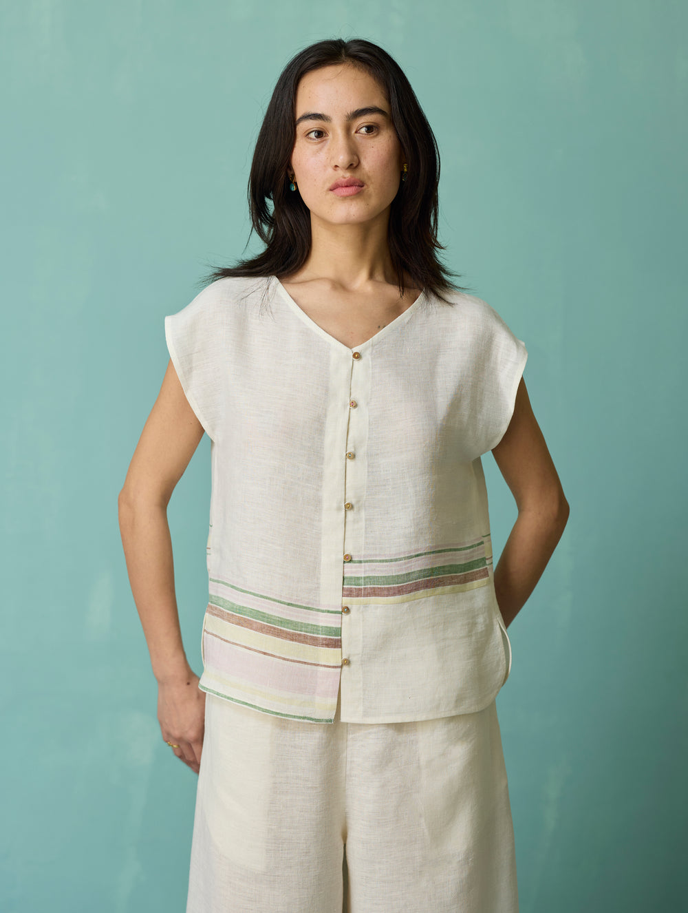 Xora Border Linen Cap-Sleeve Top - Ivory