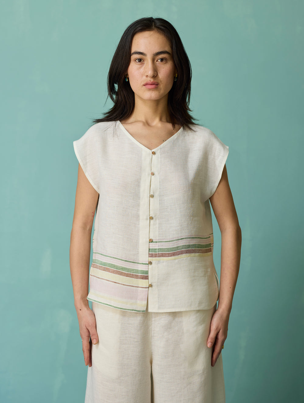 Xora Border Linen Cap-Sleeve Top - Ivory