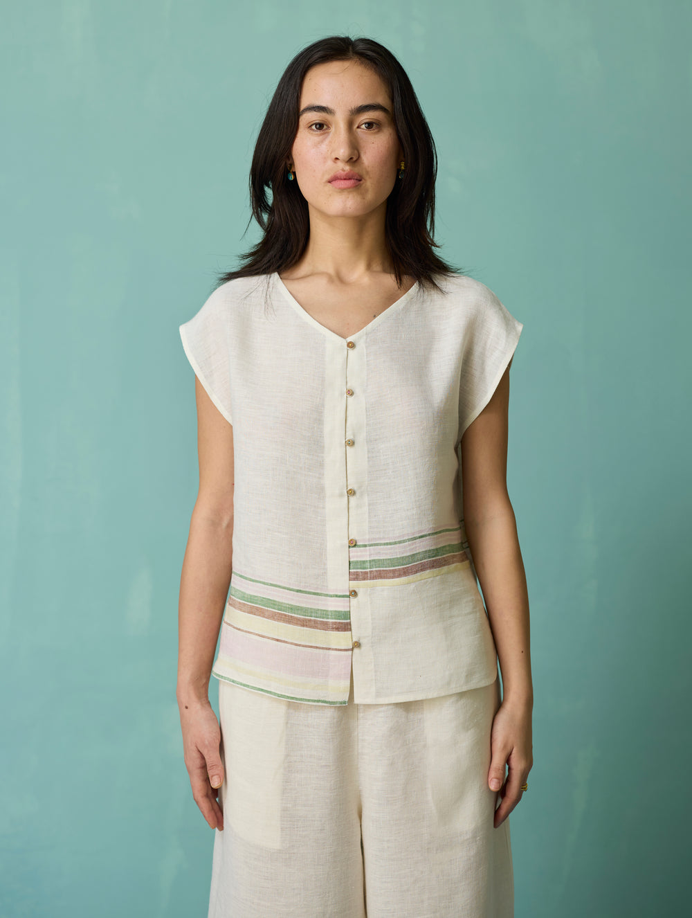 Xora Border Linen Cap-Sleeve Top - Ivory