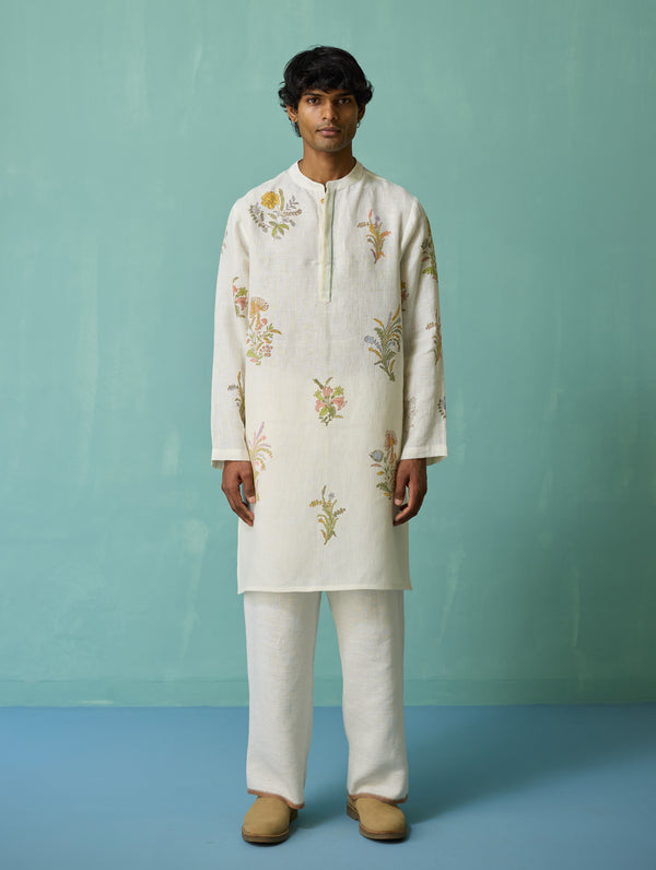 Farhan Block-Printed Floral Kurta Set - Ivory