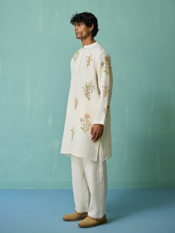 Farhan Block-Printed Floral Kurta Set - Ivory