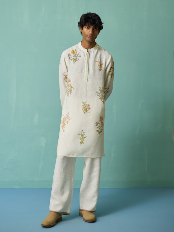 Farhan Block-Printed Floral Kurta Set - Ivory