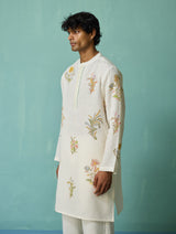 Farhan Block-Printed Floral Kurta Set - Ivory