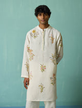 Farhan Block-Printed Floral Kurta - Ivory