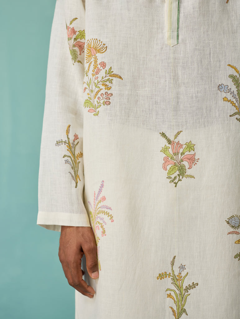 Farhan Block-Printed Floral Kurta - Ivory