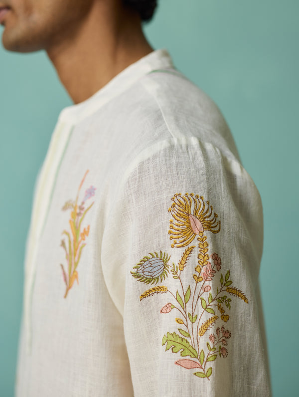 Farhan Block-Printed Floral Kurta - Ivory