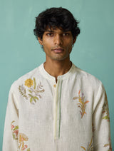 Farhan Block-Printed Floral Kurta Set - Ivory