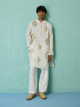 Farhan Block-Printed Floral Kurta - Ivory