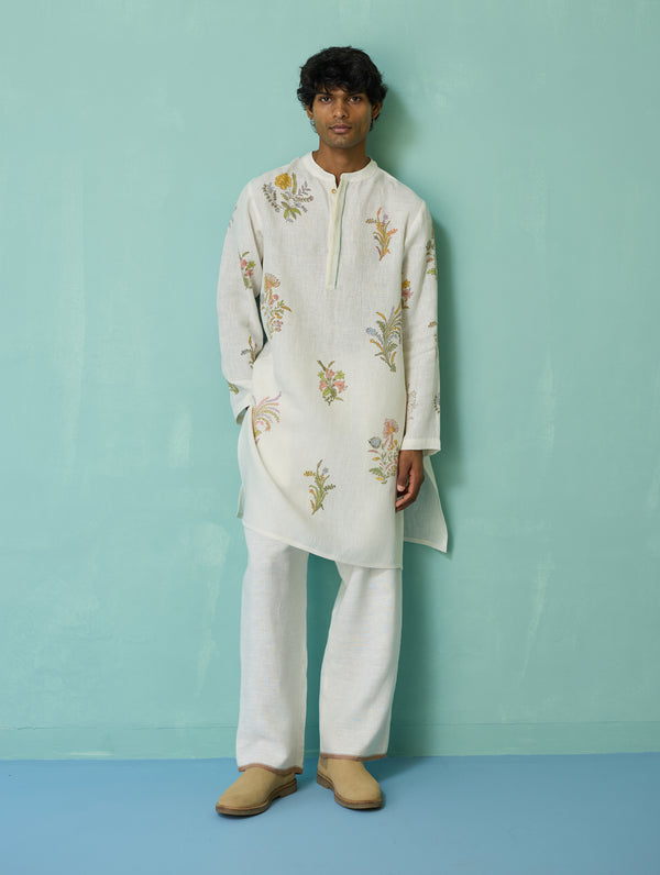 Farhan Block-Printed Floral Kurta Set - Ivory